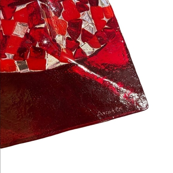 Vintage Fused  Red Glass Dish Wall Art Minimalist Mosaic Detail Signed Arcotex - Picture 5 of 12